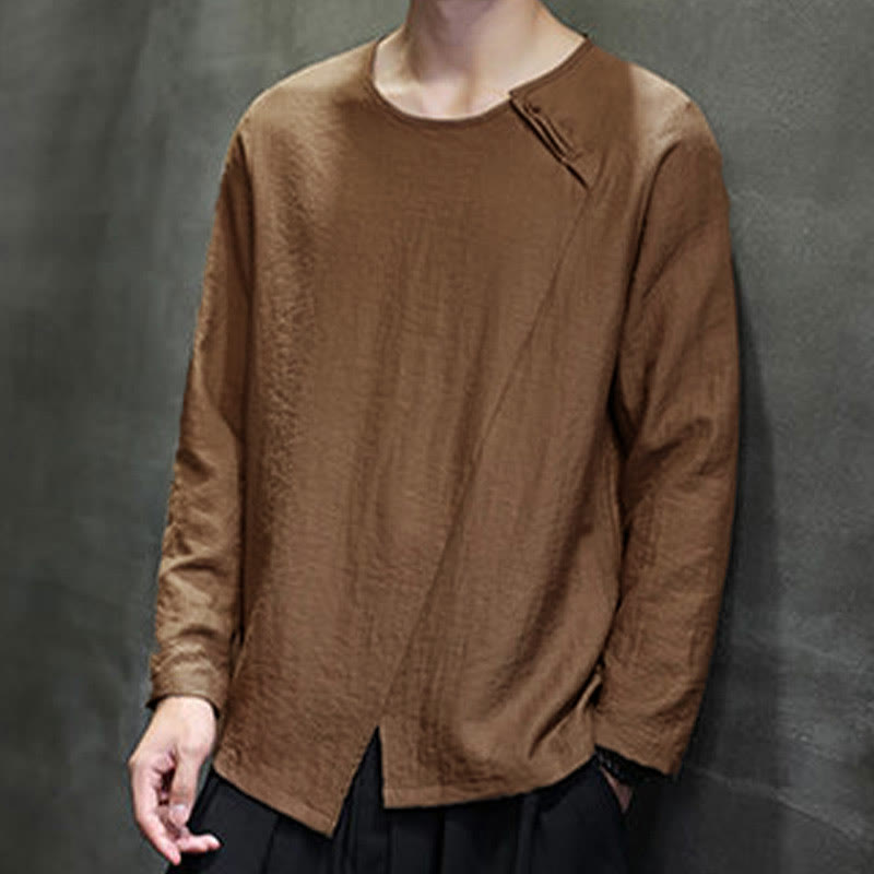 Buddha Stones Solid Color Loose Long Sleeve Round Neck Men's Shirts - image 41