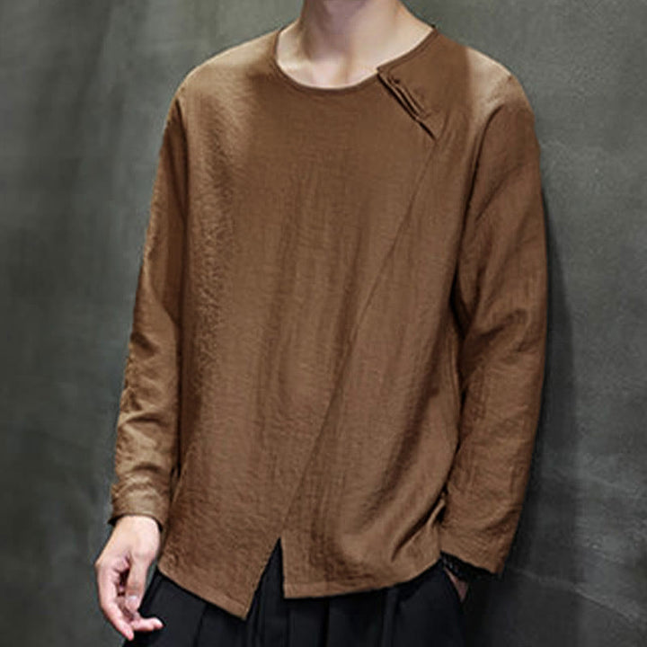 Buddha Stones Solid Color Loose Long Sleeve Round Neck Men's Shirts - image 41