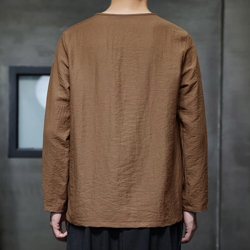 Buddha Stones Solid Color Loose Long Sleeve Round Neck Men's Shirts - image 35