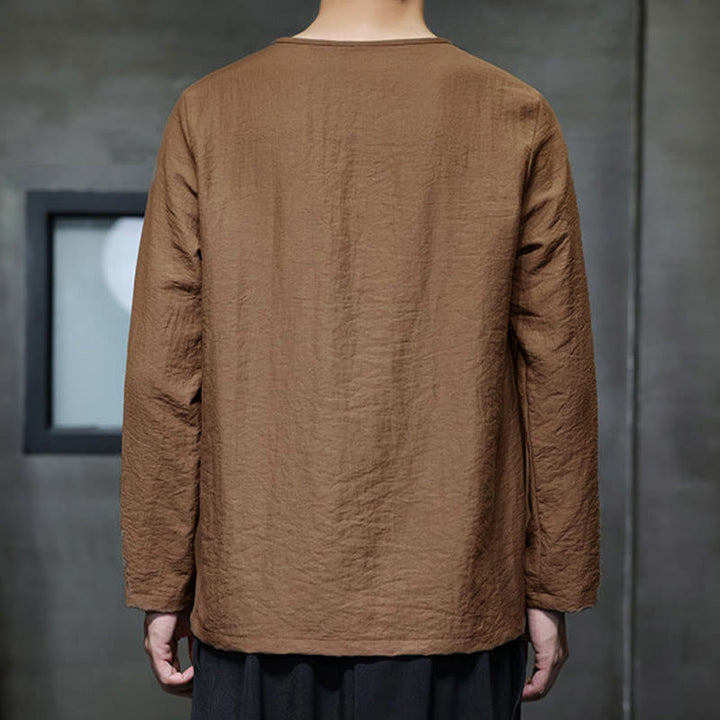 Buddha Stones Solid Color Loose Long Sleeve Round Neck Men's Shirts - image 35