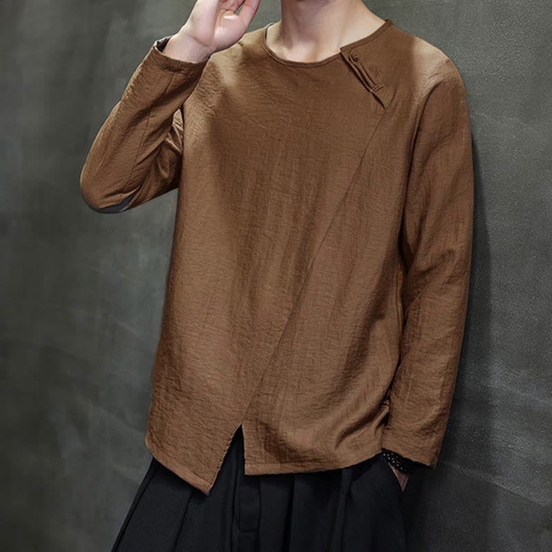 Buddha Stones Solid Color Loose Long Sleeve Round Neck Men's Shirts - image 39