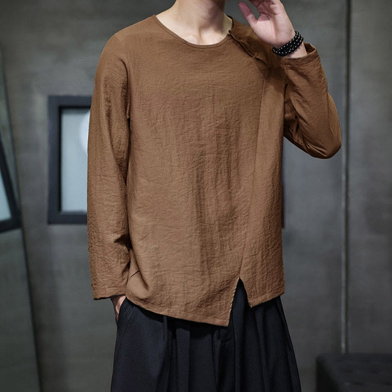 Buddha Stones Solid Color Loose Long Sleeve Round Neck Men's Shirts - image 38