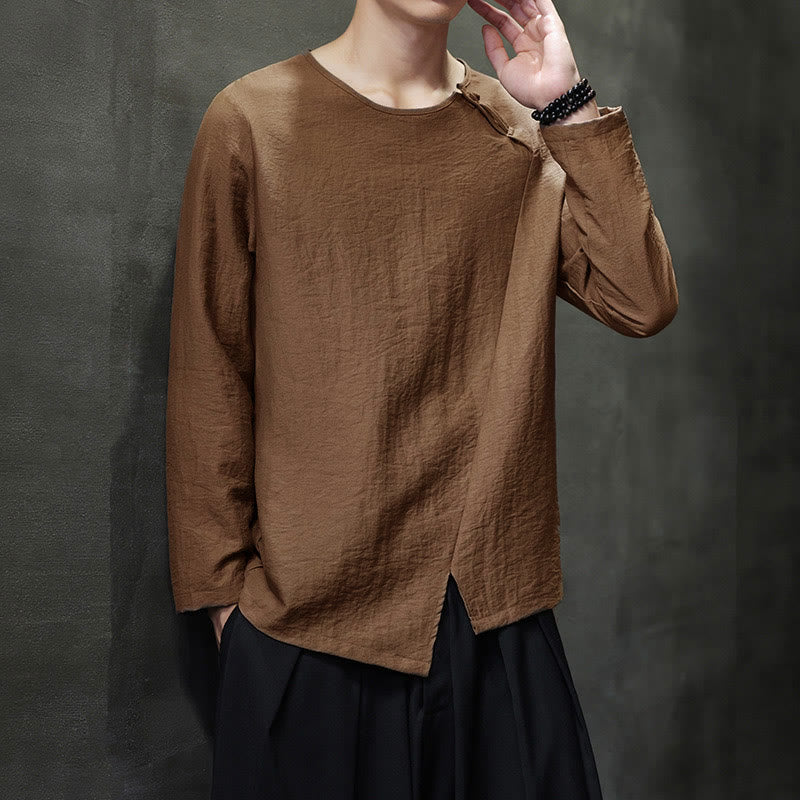 Buddha Stones Solid Color Loose Long Sleeve Round Neck Men's Shirts - image 40