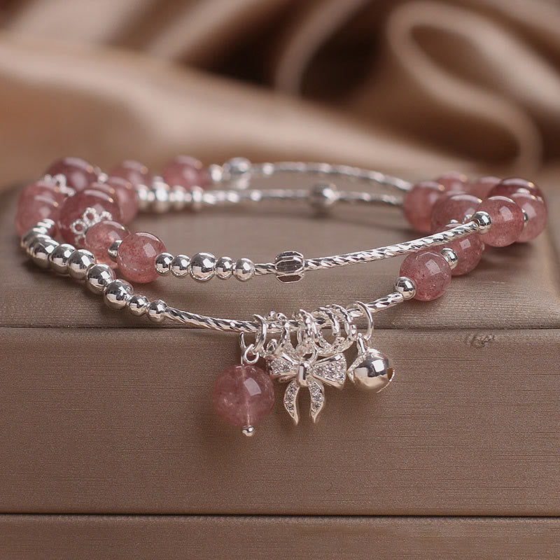 Buddha Stones Natural Strawberry Quartz Bow-knot Rosette Charm Healing Double Wrap Bracelet - image 1