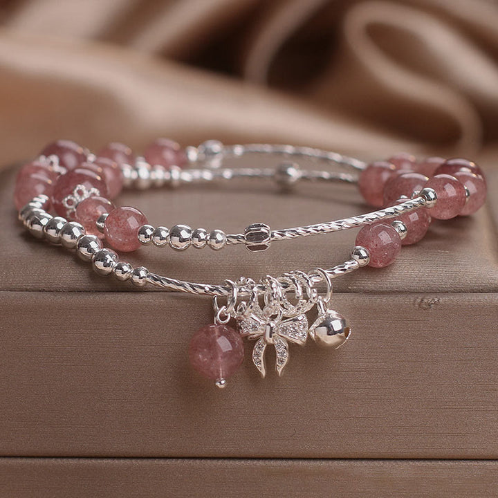Buddha Stones Natural Strawberry Quartz Bow-knot Rosette Charm Healing Double Wrap Bracelet - image 1