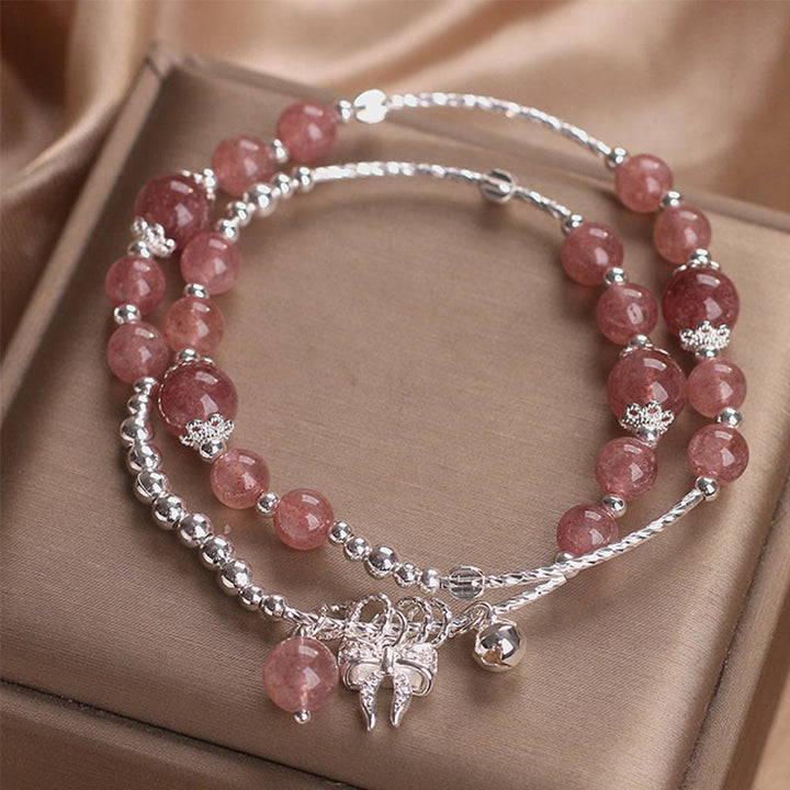 Buddha Stones Natural Strawberry Quartz Bow-knot Rosette Charm Healing Double Wrap Bracelet - image 6
