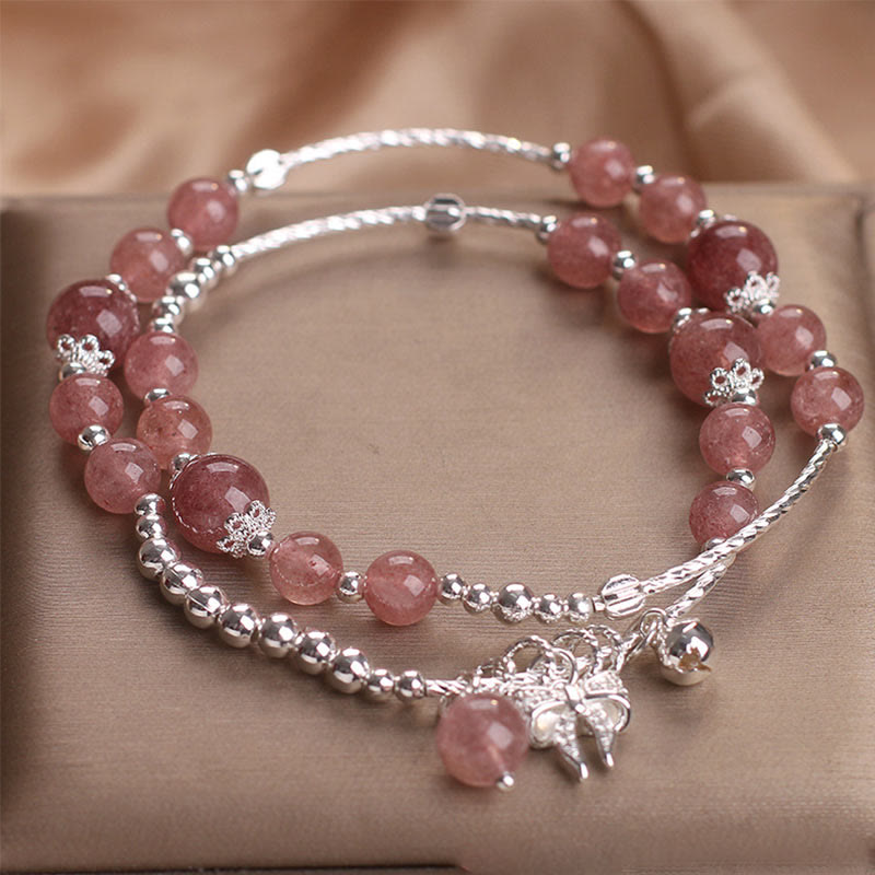 Buddha Stones Natural Strawberry Quartz Bow-knot Rosette Charm Healing Double Wrap Bracelet - Strawberry Quartz(Wrist Circumference 14-16cm) - image 0