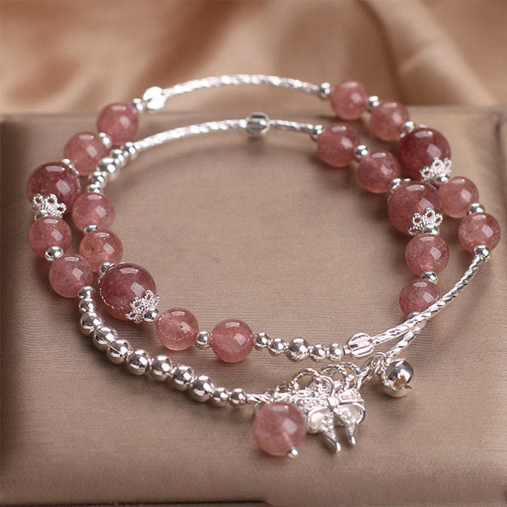 Buddha Stones Natural Strawberry Quartz Bow-knot Rosette Charm Healing Double Wrap Bracelet - Strawberry Quartz(Wrist Circumference 14-16cm) - image 0