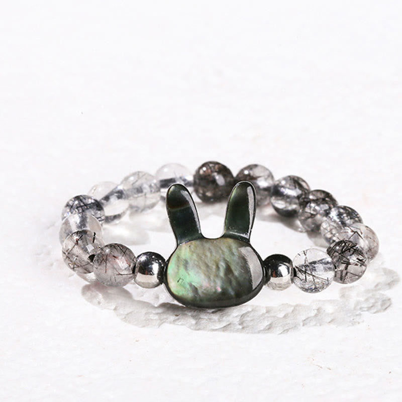 Buddha Stones 3mm Black Rutilated Quartz Tridacna Stone Rabbit Cat Ring - Rabbit(63mm Elastic String) - image 0