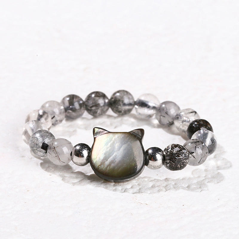 Buddha Stones 3mm Black Rutilated Quartz Tridacna Stone Rabbit Cat Ring - Cat(63mm Elastic String) - image 10
