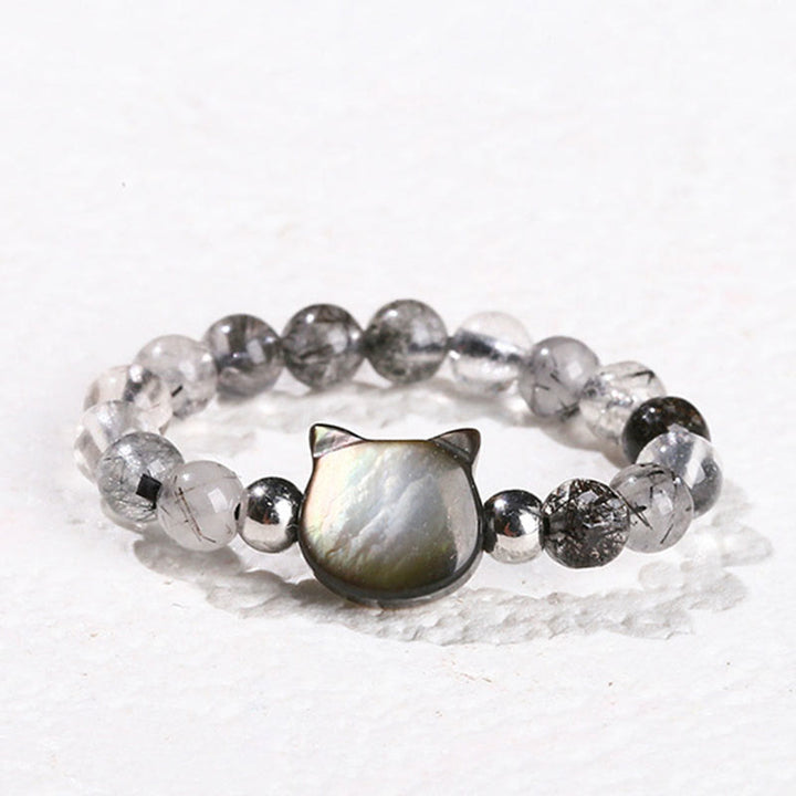 Buddha Stones 3mm Black Rutilated Quartz Tridacna Stone Rabbit Cat Ring - Cat(63mm Elastic String) - image 10
