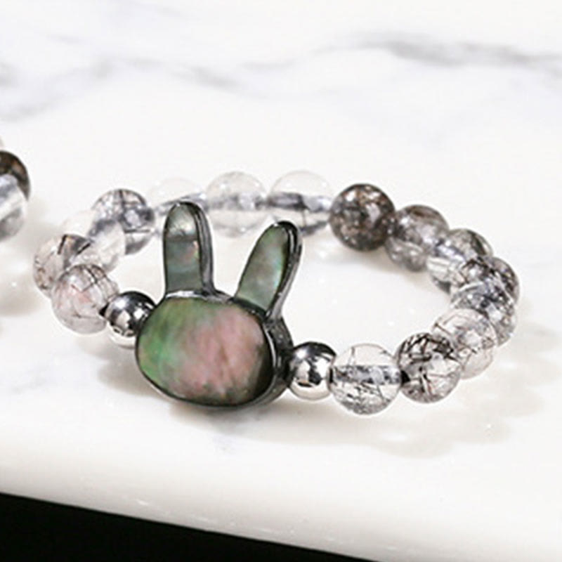 Buddha Stones 3mm Black Rutilated Quartz Tridacna Stone Rabbit Cat Ring - image 5