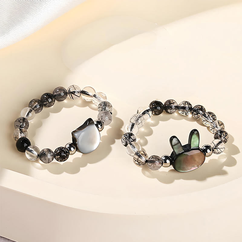 Buddha Stones 3mm Black Rutilated Quartz Tridacna Stone Rabbit Cat Ring - image 13