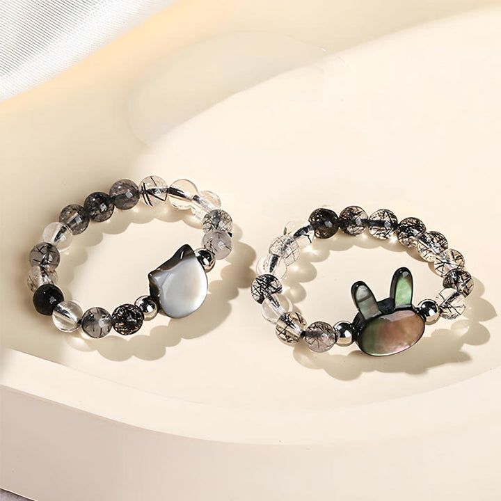 Buddha Stones 3mm Black Rutilated Quartz Tridacna Stone Rabbit Cat Ring - image 13