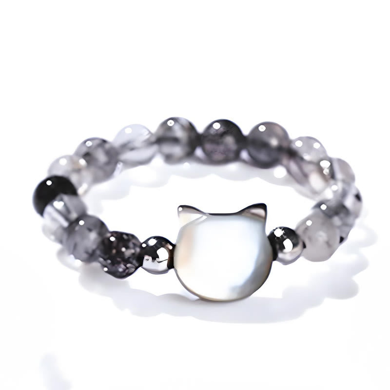 Buddha Stones 3mm Black Rutilated Quartz Tridacna Stone Rabbit Cat Ring - image 12