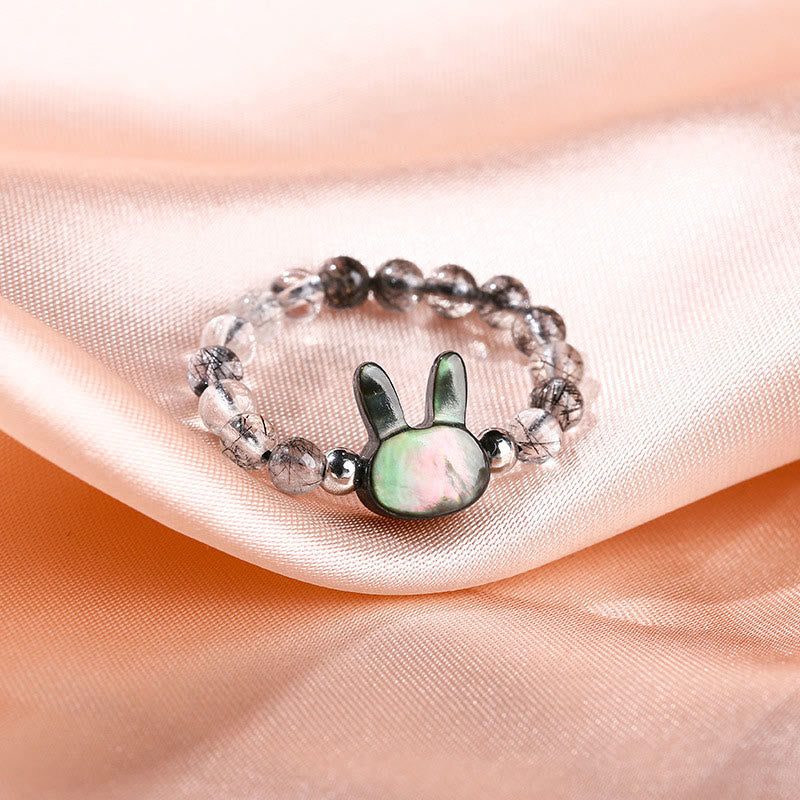 Buddha Stones 3mm Black Rutilated Quartz Tridacna Stone Rabbit Cat Ring - image 1