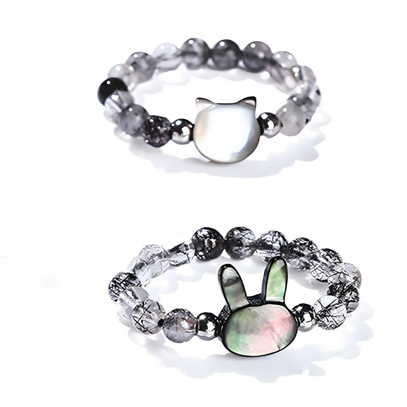 Buddha Stones 3mm Black Rutilated Quartz Tridacna Stone Rabbit Cat Ring - image 14