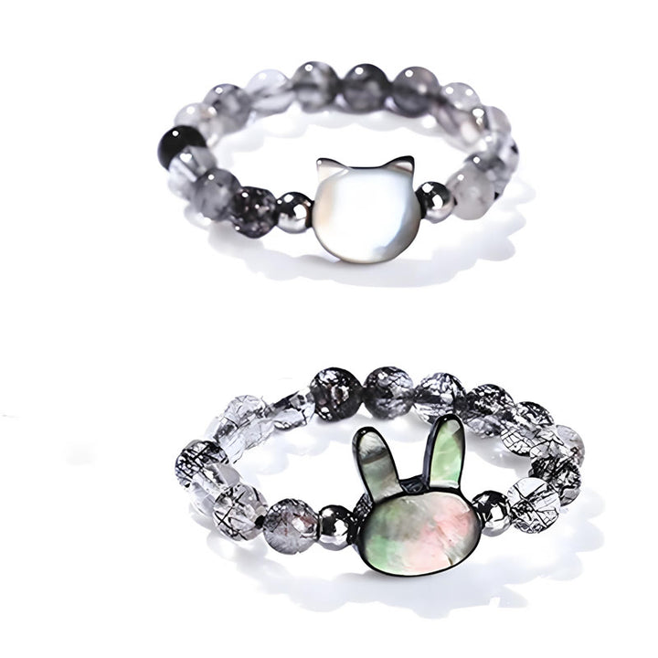 Buddha Stones 3mm Black Rutilated Quartz Tridacna Stone Rabbit Cat Ring - image 14