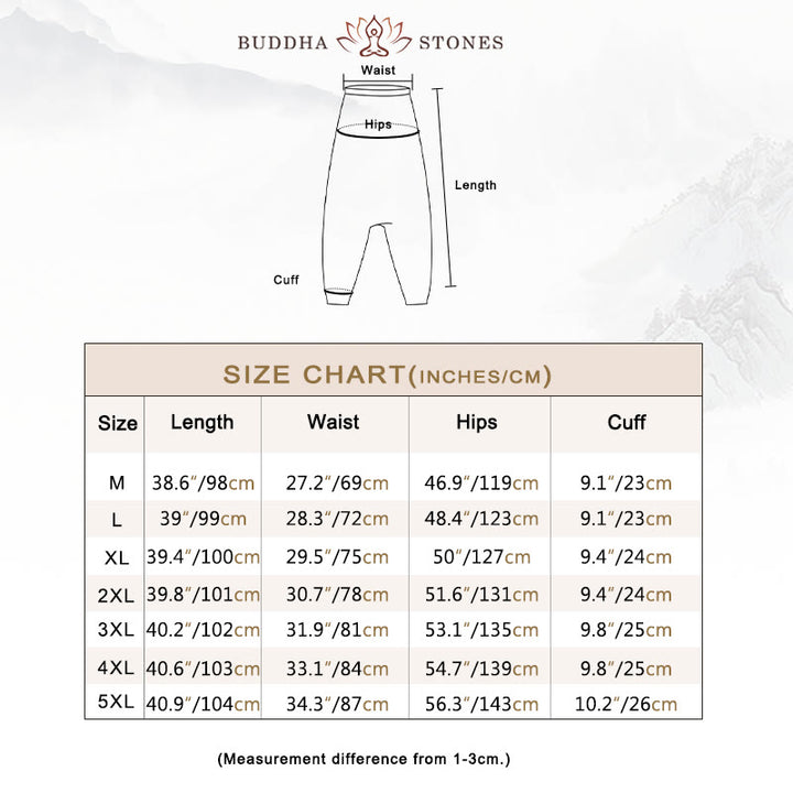 Buddha Stones Flowers Leaves Brown Blue Painting Print Cotton Men's Long Cropped Harem Pants With Pockets - image 3