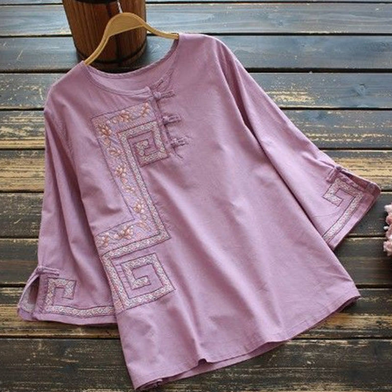 Buddha Stones Vine Embroidery Frog-button Cotton Linen Three Quarter Sleeve Women's Shirt - Plum - US14，UK/AU18，EU46 (4XL) - image 1