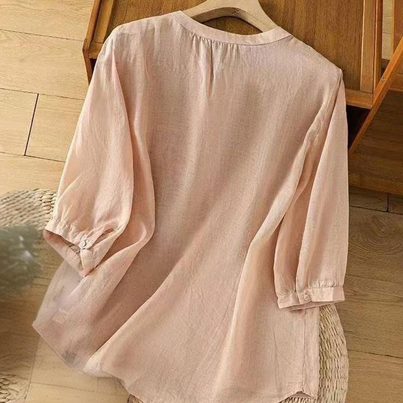 Buddha Stones Casual Loose Embroidery Frog Button Half Sleeve Crew Neck Cotton Women's Shirt - image 19