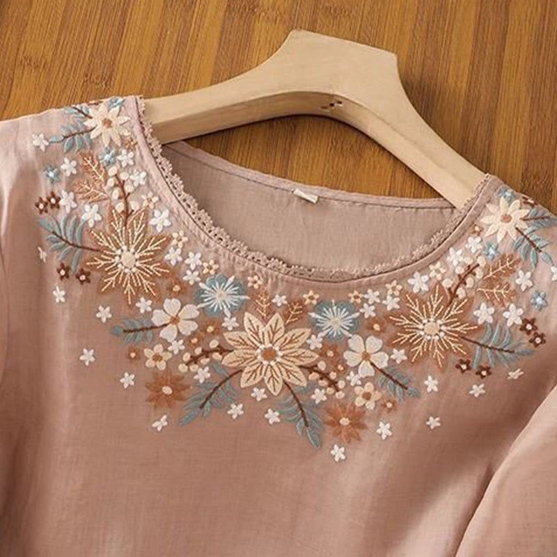 Buddha Stones Casual Flower Leaf Embroidery Women's Crew Neck Design Three Quarter Sleeve T-shirt - image 13