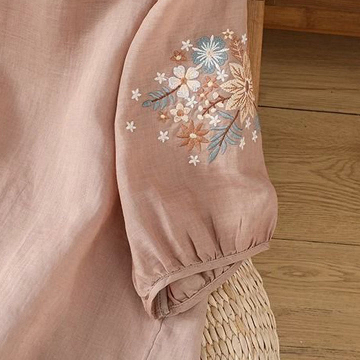 Buddha Stones Casual Flower Leaf Embroidery Women's Crew Neck Design Three Quarter Sleeve T-shirt - image 15