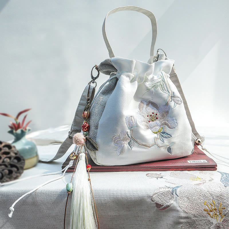 Buddha Stones Embroidered Magnolia Plum Blossom Cotton Linen Tote Crossbody Bag Shoulder Bag Handbag - White Magnolia 20*20cm - image 0