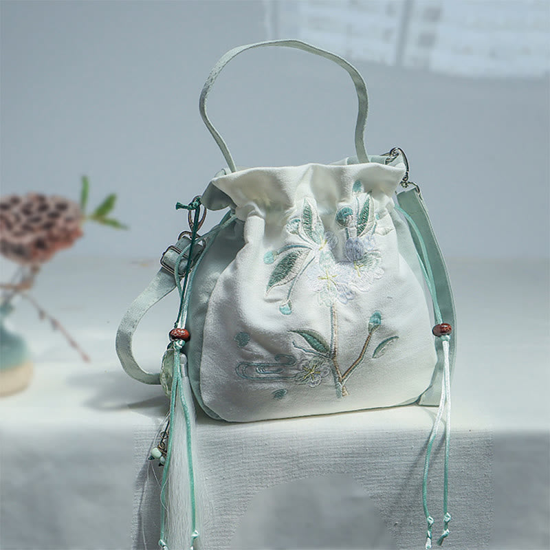 Buddha Stones Embroidered Green Pear Blossom Canvas Tote Crossbody Bag Shoulder Bag Handbag - Green Pear Blossom 20*20cm - image 0
