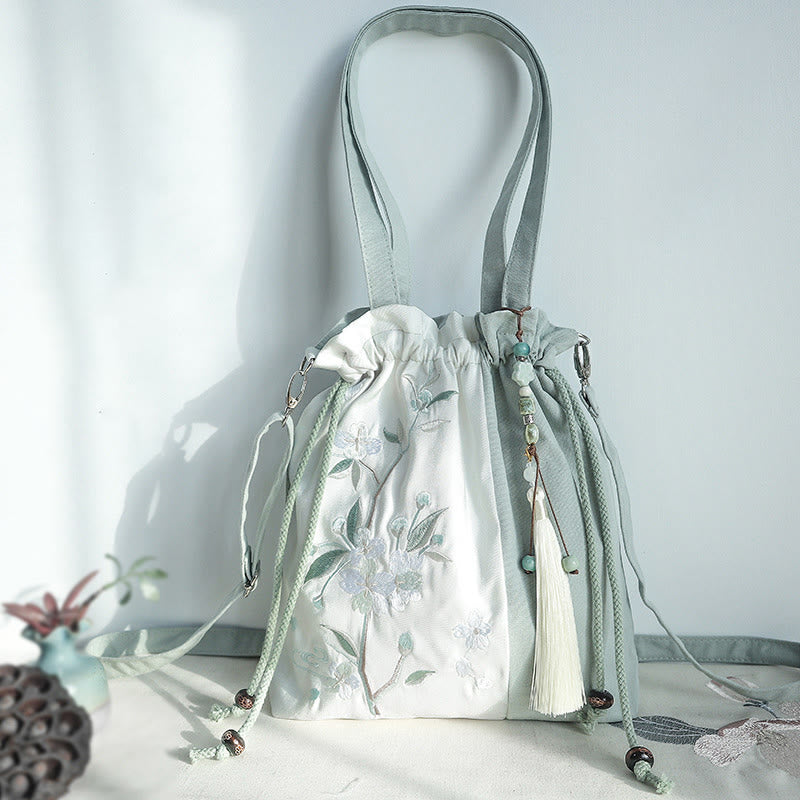 Buddha Stones Embroidered Green Pear Blue Epiphyllum Canvas Tote Crossbody Bag Shoulder Bag Handbag - Green White Pear 28*30cm - image 0