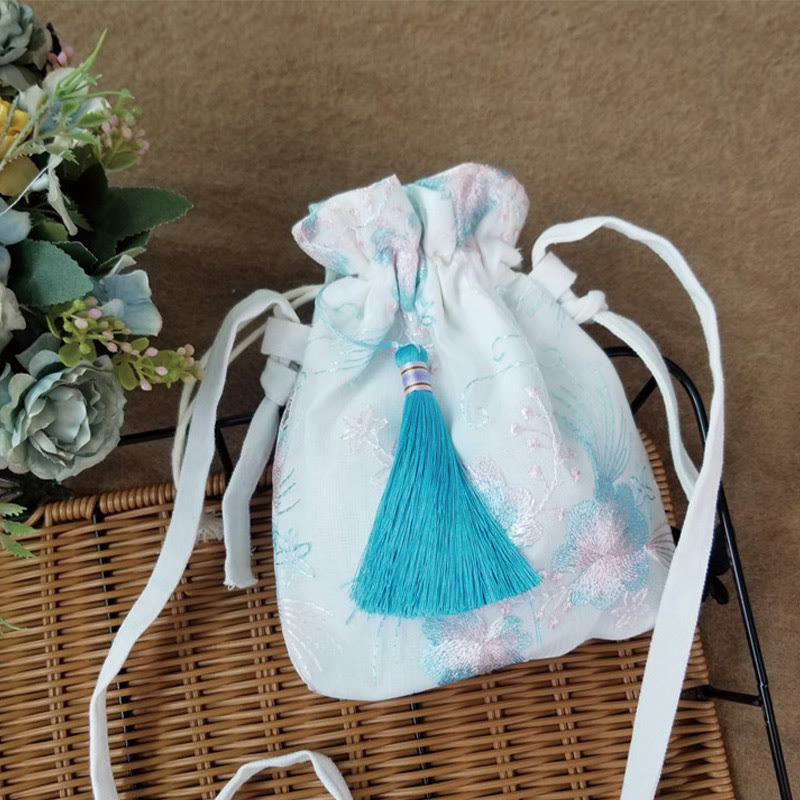 Buddha Stones Embroidered Flowers Cherry Blossoms Vine Canvas Crossbody Bag Shoulder Bag - Pink Blue Flowers 15*22cm - image 6