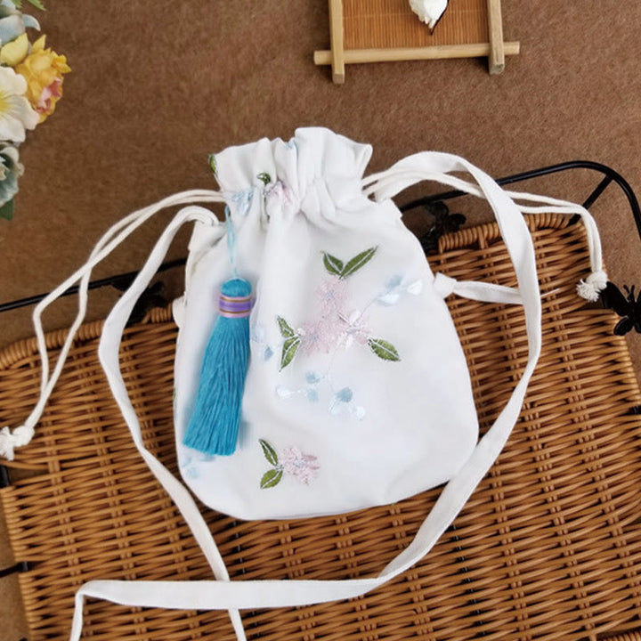 Buddha Stones Embroidered Flowers Cherry Blossoms Vine Canvas Crossbody Bag Shoulder Bag - Pink Cherry Blossoms 15*22cm - image 12