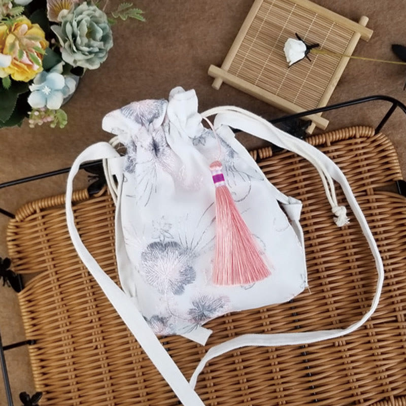 Buddha Stones Embroidered Flowers Cherry Blossoms Vine Canvas Crossbody Bag Shoulder Bag - Gray Pink Flowers 15*22cm - image 14