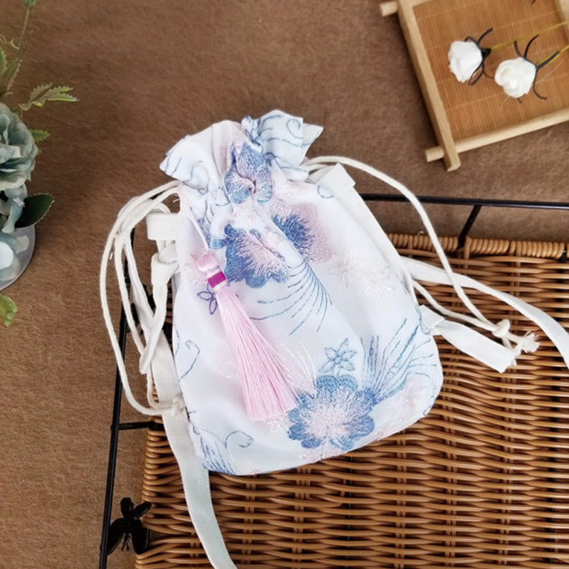 Buddha Stones Embroidered Flowers Cherry Blossoms Vine Canvas Crossbody Bag Shoulder Bag - Blue Pink Flowers 15*22cm - image 17