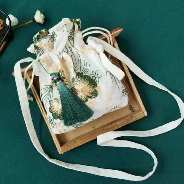 Buddha Stones Embroidered Flowers Cherry Blossoms Vine Canvas Crossbody Bag Shoulder Bag - Green Flowers 15*22cm - image 0