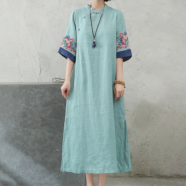 Buddha Stones Embroidery Frog-Button Half Sleeve Cotton Linen Women's Midi Dress - image 8