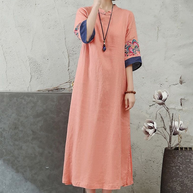 Buddha Stones Embroidery Frog-Button Half Sleeve Cotton Linen Women's Midi Dress - image 3