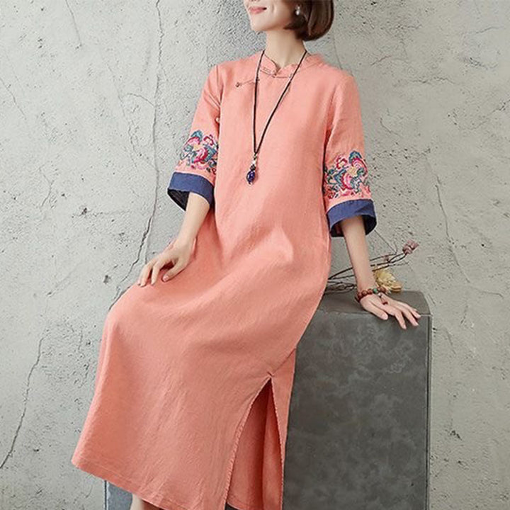 Buddha Stones Embroidery Frog-Button Half Sleeve Cotton Linen Women's Midi Dress - image 4