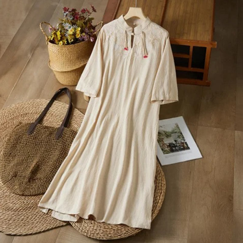 Buddha Stones Vintage Embroidery Frog-button Half Sleeve High Waist Cotton Linen Women's Midi Dress - Beige - US16，UK/AU20，EU48 (5XL) - image 6