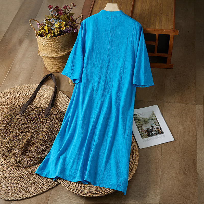 Buddha Stones Vintage Embroidery Frog-button Half Sleeve High Waist Cotton Linen Women's Midi Dress - image 19