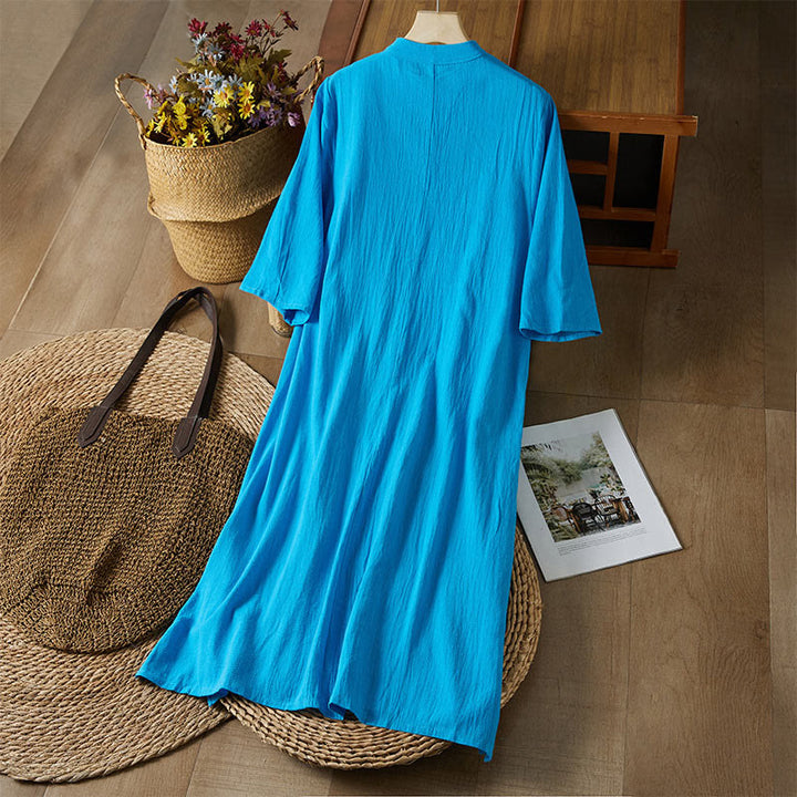 Buddha Stones Vintage Embroidery Frog-button Half Sleeve High Waist Cotton Linen Women's Midi Dress - image 19