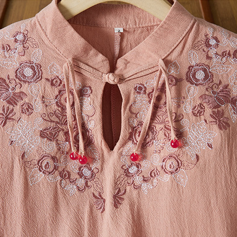 Buddha Stones Vintage Embroidery Frog-button Half Sleeve High Waist Cotton Linen Women's Midi Dress - image 14