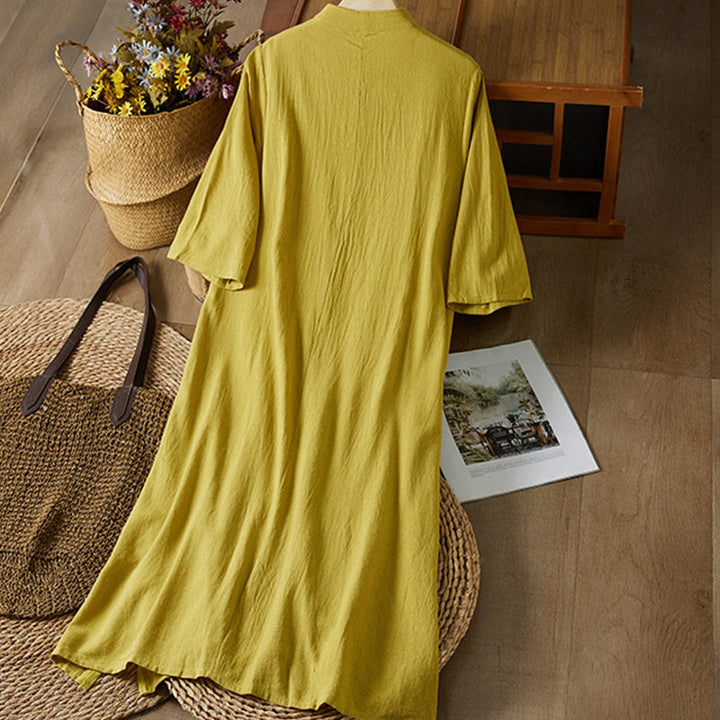 Buddha Stones Vintage Embroidery Frog-button Half Sleeve High Waist Cotton Linen Women's Midi Dress - image 1