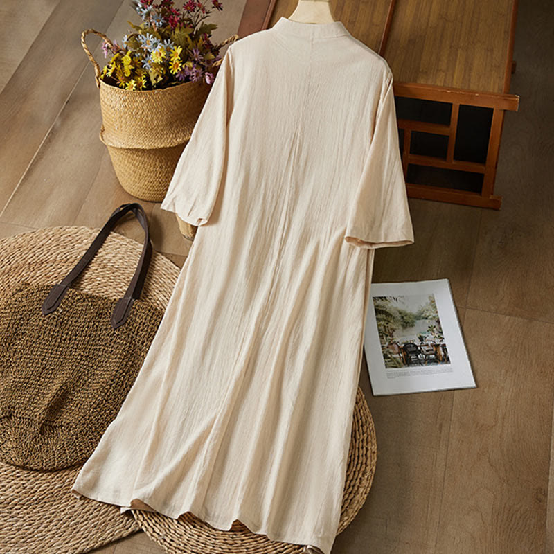 Buddha Stones Vintage Embroidery Frog-button Half Sleeve High Waist Cotton Linen Women's Midi Dress - image 7