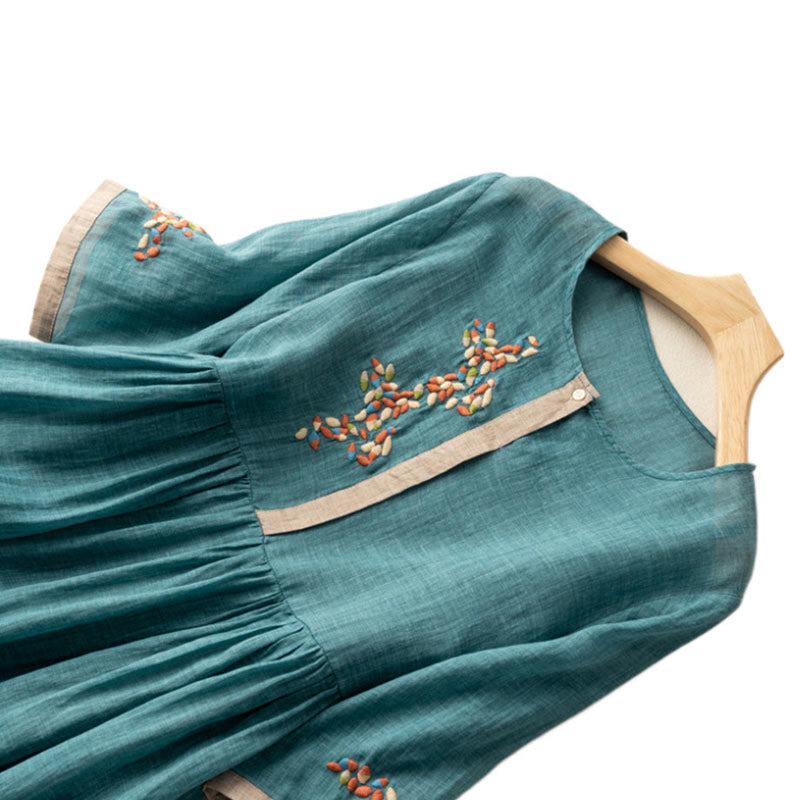 Buddha Stones Spring Ethnic Embroidery Half Sleeve Cotton Linen Women's Midi Dress - image 9