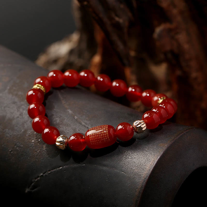 Buddha Stones Natural Red Agate Green Agate Buddhist Sutras Calm Bracelet - Red Agate Bucket Bead Bracelet(Wrist Circumference: 14-16cm) - image 4
