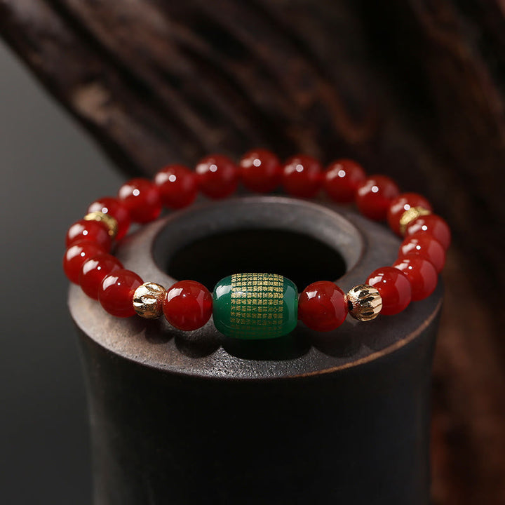 Buddha Stones Natural Red Agate Green Agate Buddhist Sutras Calm Bracelet - Green Agate Bucket Bead Bracelet(Wrist Circumference: 14-16cm) - image 0