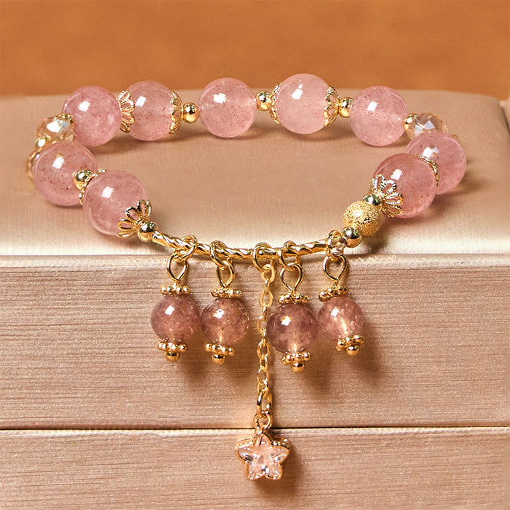 Buddha Stones Natural Strawberry Quartz Four Leaf Clover Star Positive Bracelet - Strawberry Quartz(Wrist Circumference: 14-18cm) - image 0