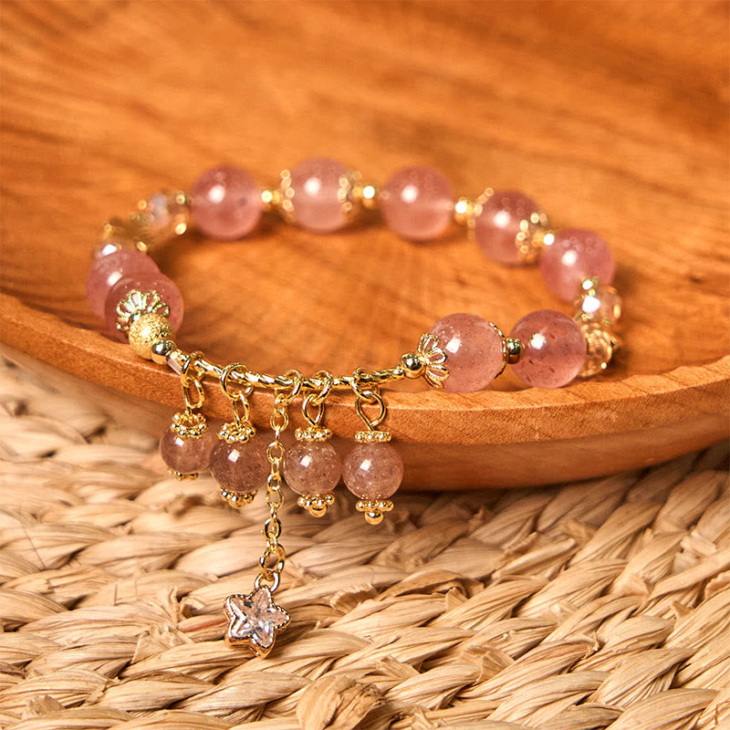 Buddha Stones Natural Strawberry Quartz Four Leaf Clover Star Positive Bracelet - image 2