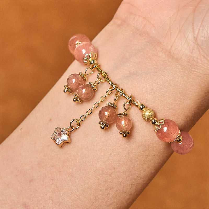 Buddha Stones Natural Strawberry Quartz Four Leaf Clover Star Positive Bracelet - image 4